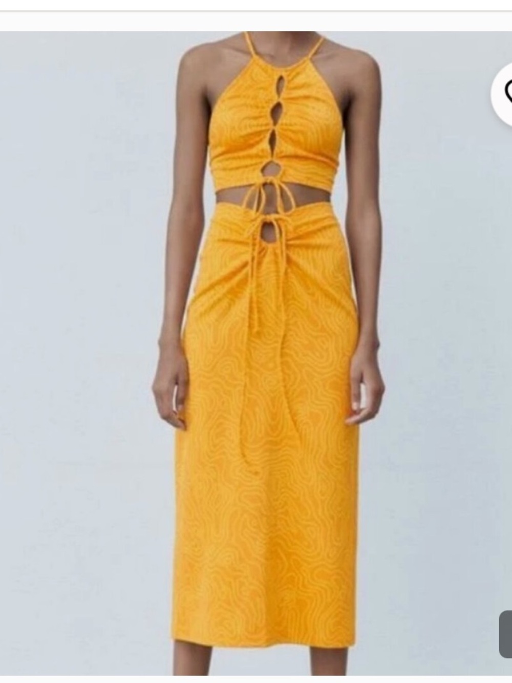 Zara Mustard Yellow Abstract Cutout Tie Midi Dress